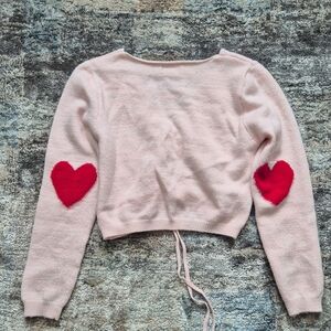 Pink Cropped Sweater with Red Heart Elbows